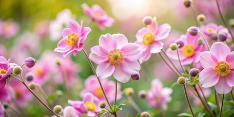 Wall Mural - Close-up of delicate pink Japanese anemone flowers blooming in a garden , pink, Japanese anemone, flowers, close-up, delicate