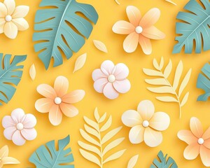 Poster - A seamless tropical design featuring palm leaves and flowers on a vibrant yellow backdrop is sure to make a statement.