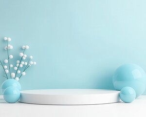 Poster - Abstract minimalist background with blue spheres and a white platform, featuring a sleek and contemporary design.
