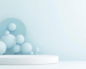 Poster - Abstract minimalist background with blue spheres and a white platform, featuring a sleek and contemporary design.