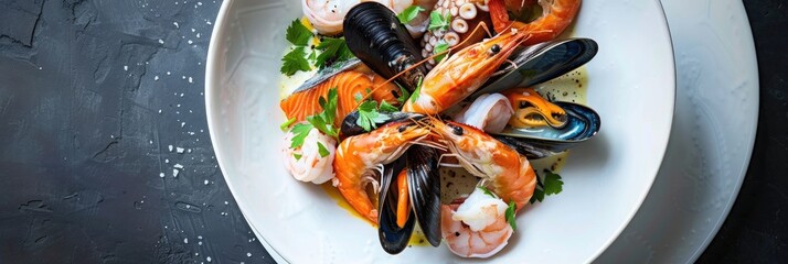 Poster - Stylish White Plate featuring an Exquisite Seafood Arrangement with Mussels, Salmon, Shrimp, and Octopus