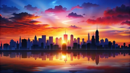 Poster - Cityscape silhouette featuring a city skyline against a colorful sunset sky, cityscape, silhouette, sunset,skyline