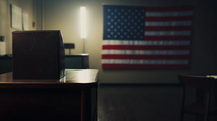 USA Elections Concept: Solemn Voting Booth with American Flag – Clean Composition, Subtle Lighting