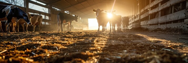 Wall Mural - Cows in a Barn with Morning Sunlight