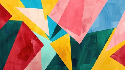 Wall Mural - Abstract background with colorful triangles and geometric shapes in red, yellow, green, blue and pink on a canvas background