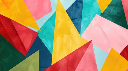 Wall Mural - Abstract background with colorful triangles and geometric shapes in red, yellow, green, blue and pink on a canvas background