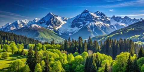 Wall Mural - Mountain landscape with a clear blue sky, lush green forests, and snow-capped peaks, mountains, landscape, nature