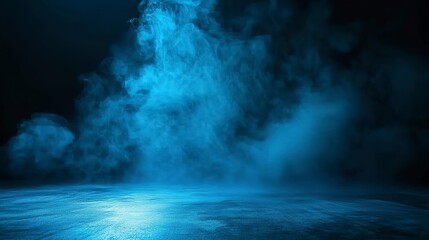 Wall Mural - white smoke on dark black background , ark blue room background with smoke and floor, Dark empty scene, blue neon searchlight light, smoke, night view