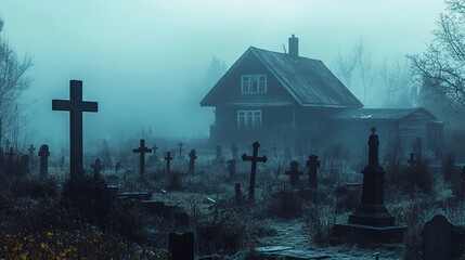 Wall Mural - haunted village house and foggy cemetery scary horror halloween background 