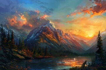 Canvas Print - Majestic Sunset over Mountain Lake