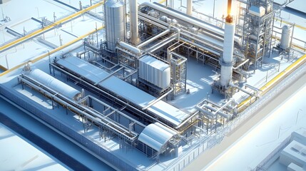 A large industrial plant with many yellow tanks and pipes. The image is a 3D rendering of a factory