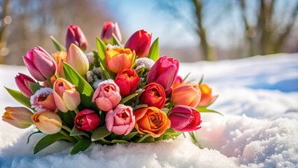 Poster - Floral arrangement of roses and tulips in a snowy setting, winter, flowers, bouquet, nature, cold, snow, beauty