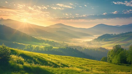 Poster - Sunrise Over Misty Mountain Valley