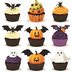 Poster - Halloween cupcake set with spiders, bats, pumpkins, ghosts, and candies. Spooky and fun vector illustration. on white background 