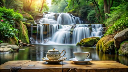 Poster - Tranquil tea time by the waterfall, peaceful moment of relaxation in nature, waterfall, tea, relaxation, tranquil, serene, peaceful