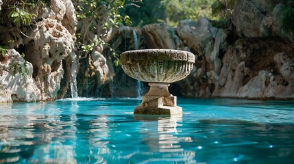 Wall Mural - A limestone pedestal stands submerged in a lavish blue pool