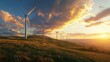 © busro - A hyper-realistic landscape showcasing a vast wind farm on a rolling hillside, with towering wind turbines spinning under a partly cloudy sky. The scene captures the contrast between nature and