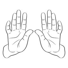 Poster - Two human hands with open palms. Front view. Stop or blessing gesture. Black and white linear silhouette. Cartoon style.