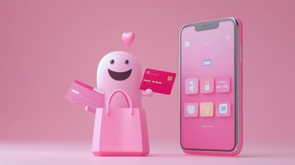 Smiling Character with Credit Card and Shopping Bag for Online Shopping Concept