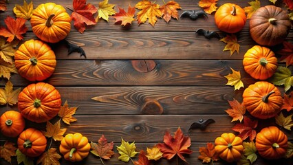 Wall Mural - Festive Halloween border with pumpkins, bats, autumn leaves on dark wooden background, Halloween, border, pumpkins, bats, autumn