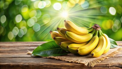 Sticker - Fresh ripe bananas on rustic wooden surface with green leaves and soft bokeh lighting , bananas, ripe, fresh, bunch, rustic