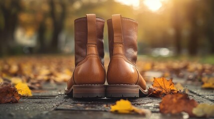 Poster - Autumn Stroll: Cozy Leather Boots on a Leaf-Covered Path