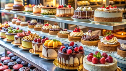 Wall Mural - Assorted cakes displayed on a table in a bakery , cakes, desserts, pastries, bakery, sweet treats, variety