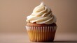 © sa-photo - A minimalist image of a single cupcake with white frosting, against a plain background with space for text.