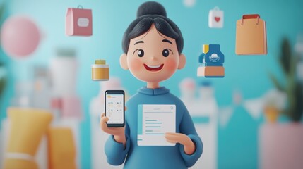 Cheerful Character Holding smartphone with  Floating Shopping Icons