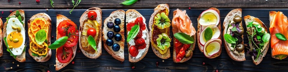 Wall Mural - Variety of Toasts Topped with Tasty Ingredients Presented on a Dark Wooden Table from an Aerial View