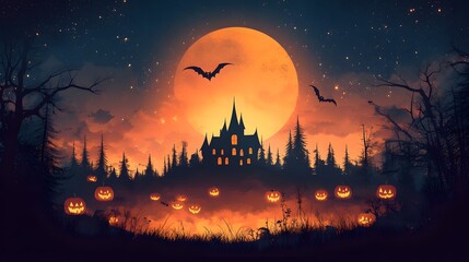 Halloween Night Scene: A vector flat illustration of a spooky landscape with a haunted house, pumpkins, and flying bats.