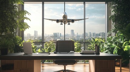 Poster - A modern office space with a view of an airplane taking off through the large windows, signifying business travel and international work.