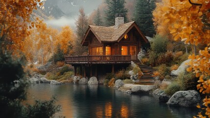 Poster - Cozy Cabin Nestled in the Enchanting Autumn Landscape