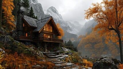 Poster - Cozy Mountain Cabin in Autumn Wonderland