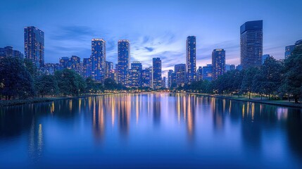 Wall Mural - Twilight Reflections: Serene Urban Glowtime Over City Skyline with Glowing Skyscrapers on Calm River