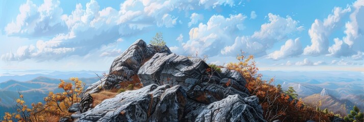 Canvas Print - Atop a mountain, jagged rocks meet an expansive sky, showcasing a breathtaking landscape that embodies the untamed beauty of nature's heights.