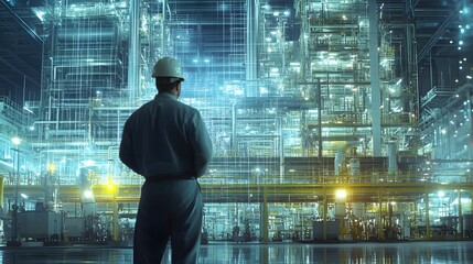 Wall Mural - A man stands in front of a large industrial building with many pipes. Concept of awe and wonder at the complexity of the machinery and the sheer size of the building