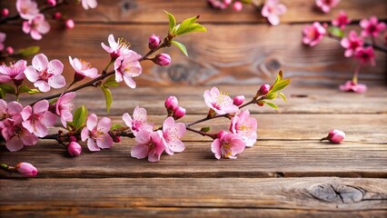 Sticker - Cherry blossom branch with pink flowers on wooden table, spring, floral, nature, cherry blossom, pink, branch, wooden table