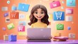 © Ecleposs - Smiling Character Using Laptop with Digital Shopping Mall Interface