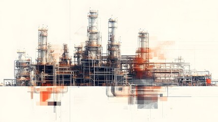 Poster - A city skyline with a large industrial plant in the middle. The image is a collage of different shapes and colors, giving it a unique and abstract appearance. Scene is industrial and urban