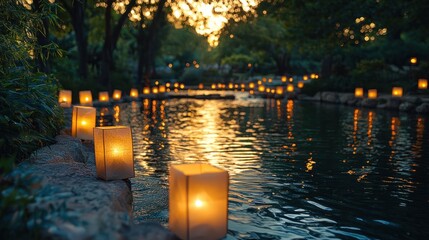 Wall Mural - Glowing Lanterns Illuminate Serene River at Dusk - Peaceful and Enchanting Evening Glowtime Magic