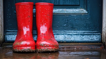 A pair of red rain boots resting by a door after being worn in a heavy rain, with mud and water droplets on the surface, illustrating practicality with space for text.