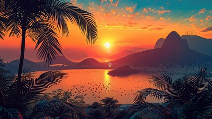 Wall Mural - Editable illustration of composition with elements of the city of Rio de Janeiro. Art with tropical summer motifs