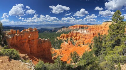 A panoramic shot of Utah's Bryce Canyon with its unique rock formations and mountains in the background, offering a breathtaking landscape with ample copy space.