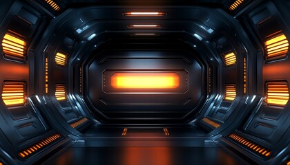 Canvas Print - Futuristic Sci-Fi Corridor with Glowing Orange Lights