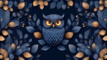 Wall Mural - Blue and Gold Owl in Leaves    Abstract Nature Design