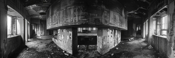 Canvas Print - Black and white photograph of an abandoned concrete caponier interior from the Soviet era.