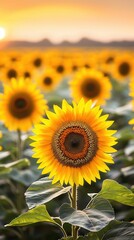 Canvas Print - Sunflower in a field at sunset.