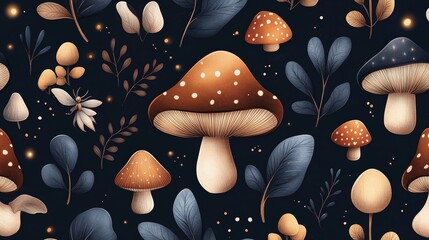 Wall Mural - Seamless Pattern with Watercolor Mushrooms and Leaves on Dark Blue Background