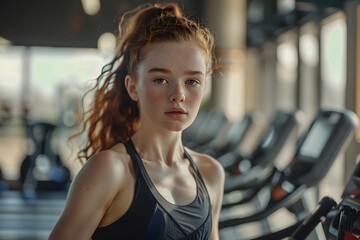 Wall Mural - A woman standing in front of a row of treadmills